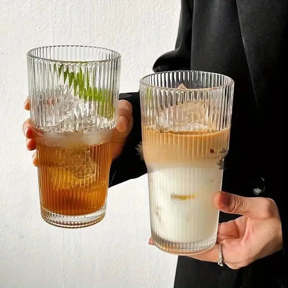 Striped Glass cup with lid & straw