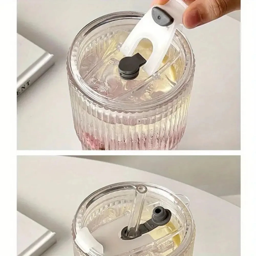 Striped Glass cup with lid & straw