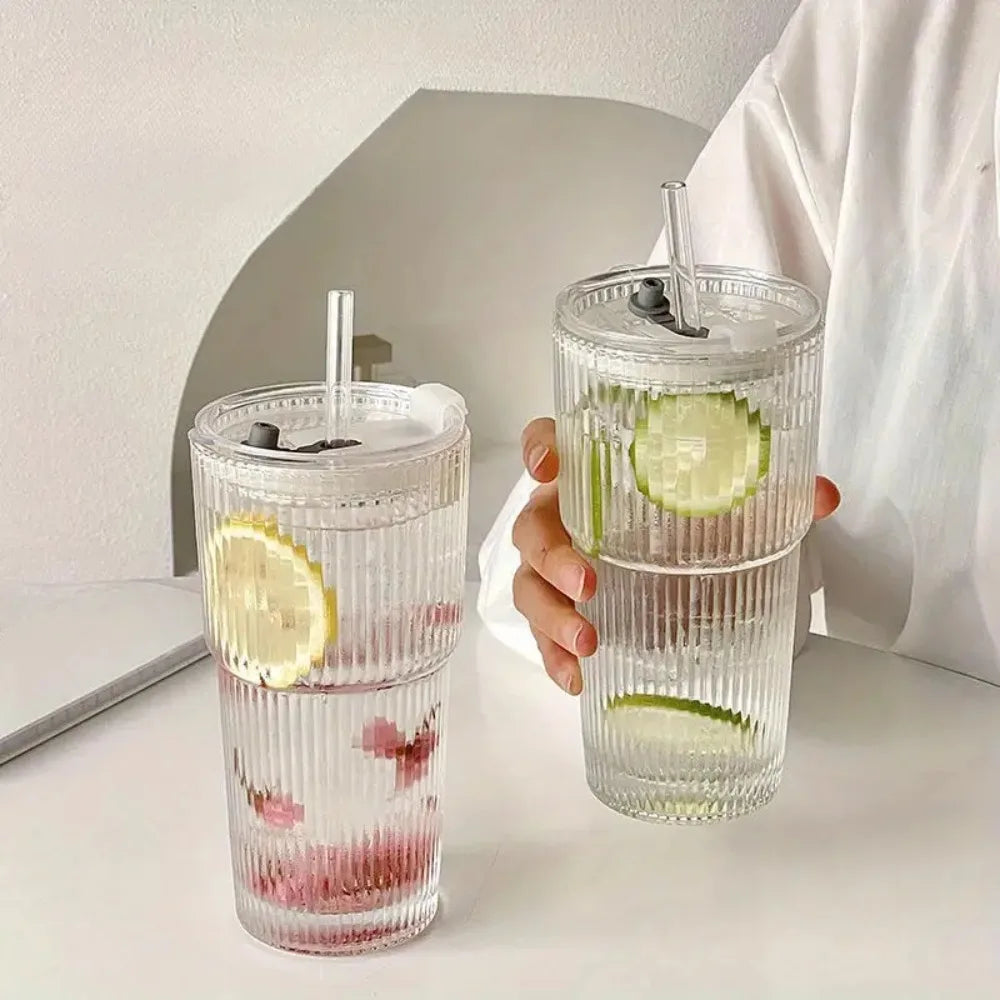 Striped Glass cup with lid & straw